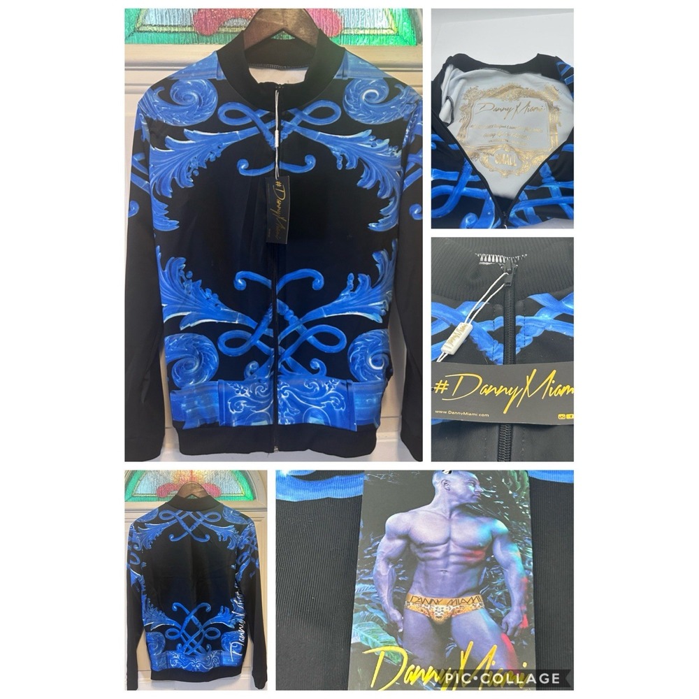 DANNY MIAMI 'Crown Blue' Men's Designer Stretch Track Jacket S Black & Blue NWT